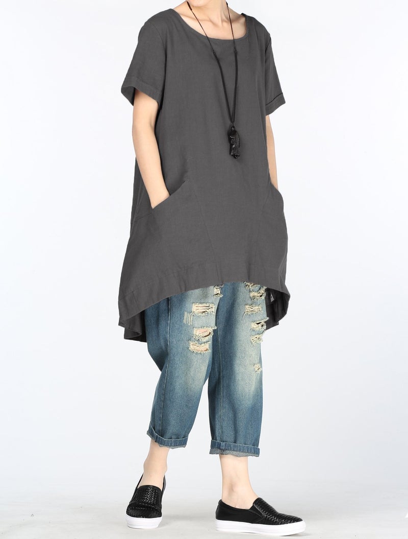 Minibee Women's Cotton Linen Short Sleeve Tunic/Top Tees (L, Dark Gray) - Image 3